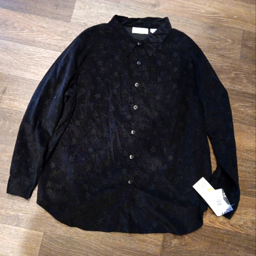Lemon Grass Black Button-Up Shirt Embroind Size 22w